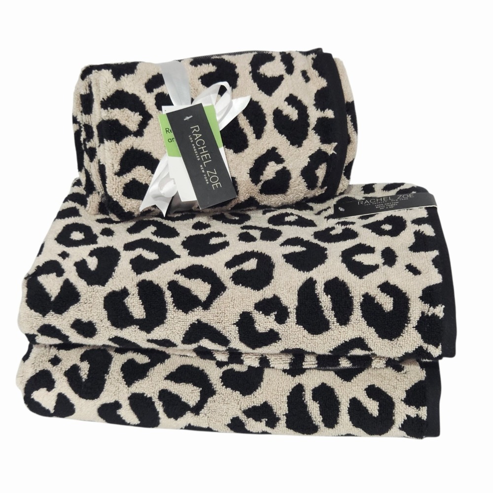 Rachel Zoe 4pc Leopard Cheetah Print Cotton Towel Set 2 Bath 2 Hand Black‎ Tan